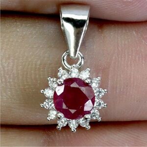 Elegant Natural Red Ruby with Zircon halo in 925 Silver Pendant